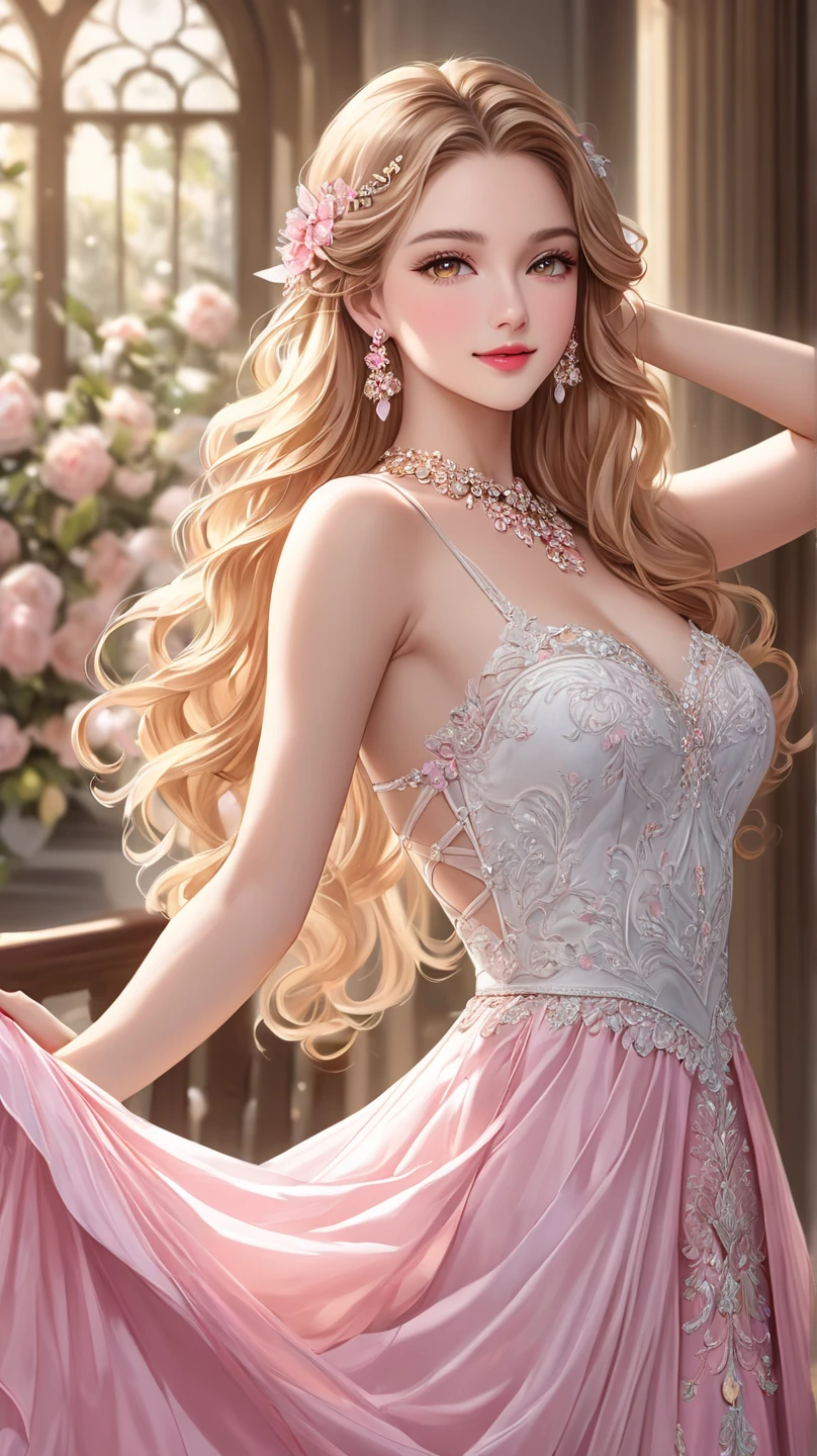 adorable, A delicate rose with an elegant and beautiful face, Seductive pink eyes",super delicate、、Super best、super beauty、luxury dress、blonde hair、long hair、Princess、long dress