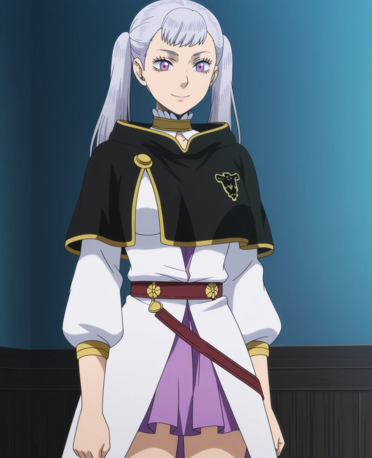 ((best quality)),((highly detailed)),masterpiece,absurdres,detailed face,beautiful face,(detailed eyes, deep eyes),(1girl),((dynamic pose)),  Noelle, pink eyes, smile, twintails, capelet, belt, closed mouth, big_breast, solo, skirt, long hair, silver hair, long sleeves ,eyelashes, standing, bag, dress, bangs, choker, jewelry, book, blunt bangs, indoors, black capelet, solo focus, white dress, miniskirt, collar, looking at viewer,  hand on hip, earrings, large_breast