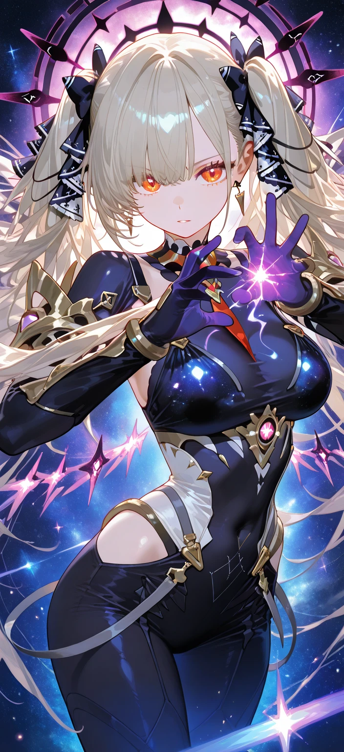 (simple hands:0.5)+(detailed hands:0.7), (masterwork), (best quality), white hair, red eyes,1girl, pale skin, white hair, red eyes, two tone hair, eyelashes, bracelet, jewelry, smile, gleaming skin, shiny hair, detailed and majestic stage, Fantasy, Long Hair, 1 girl, two-tone hair, night sky, Incredibly detailed CG illustration masterpiece, looking at you, anime, beautiful anime eyes, beautiful detailed eyes, eyes, glittering eyes, red eyes, galaxy, nebula, (full body), (curvy),