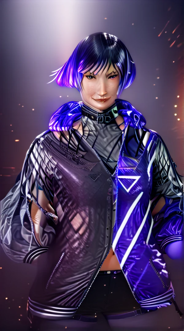 reina mishima, octane render, masterpiece, 1girl, purple hair, absurdres, high quality, jacket, smirking, confident face, small boobs, <lora:ReinaMishima:0.8>