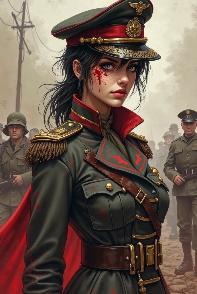 An digital illustration (portrait:1.5) drawing (warhammer 40k) warfare masterpiece with intricate details and the best quality art by, (Dorian Cleavenger) (Hans Larwin) and (luis royo) a young attractive single person (1girl) alone (officer) prussian hussar (woman) with black hair (rosy red cheeks) full lips, pale skin, piercing gaze, black eyeliner, small delicate nose, flushed blush, in the traditional short uniform decorated with skull emblem, in trench, marching (alone:1.2) on a vast world war (year 1914) battlfield, late sunset, red-orange sky, broken ammo crates, muddy ground, crater, <lora:add_detail:0.8> <lora:LaxpeintXL-2.0:0.4> <lora:Desolation:0.5> <lora:Death-Korps:0.5>