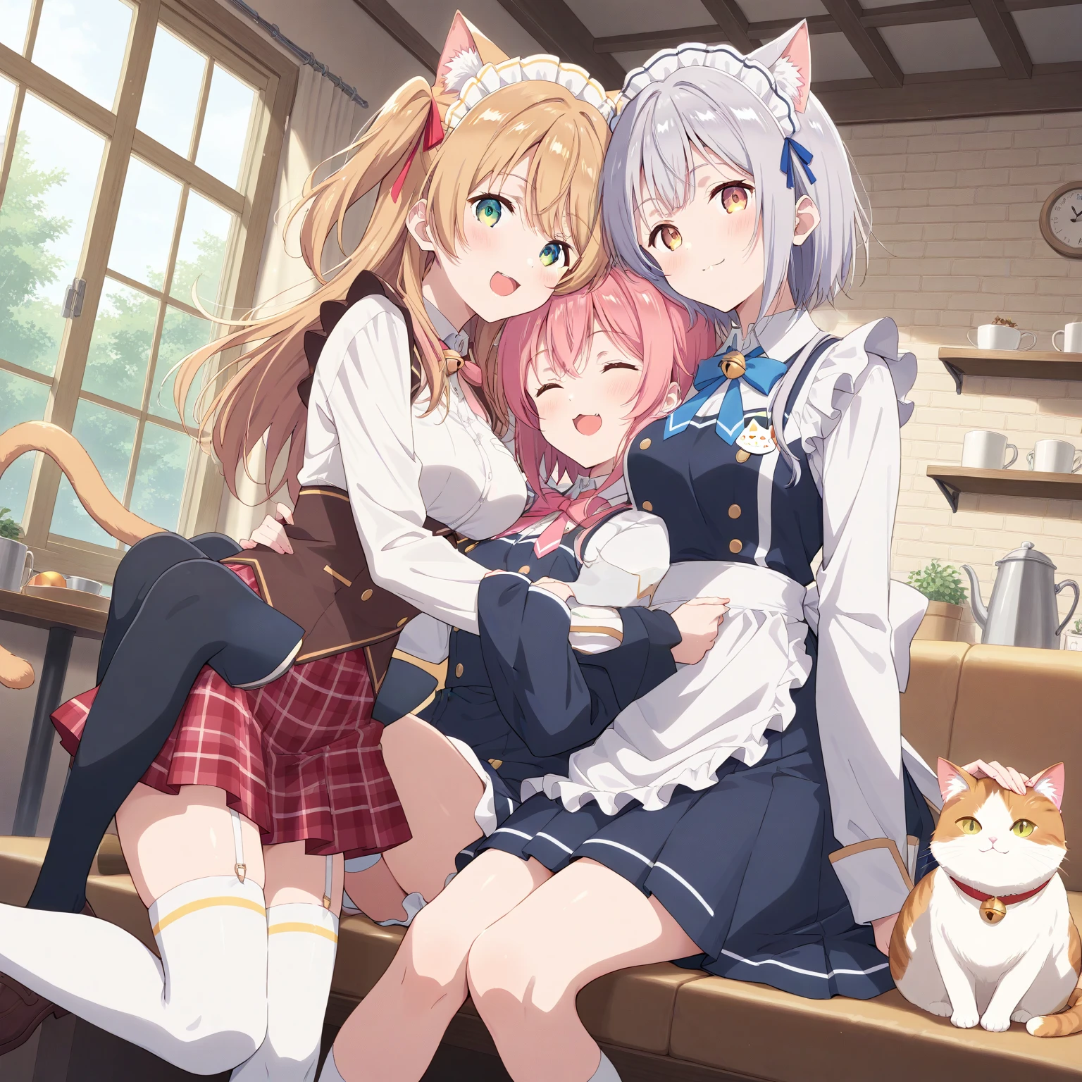 ( 4 diferent girls having sex),4 Girls with pink hair, long twintail hairstyle, ((small bushy eyebrows)), wearing gothic lolita clothing, lolicon , walking to school, flirty smile,, walking to school, bored look, bored face,, (sitting with legs open lifting her skirt to show her vagina wet with semen),1 boy having sex with the girls, scaried young boy, another girls looking happy
