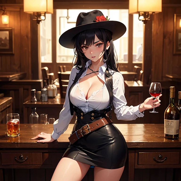 Perfect face, Perfect hands. A brown haired woman with red eyes and an hourglass figure in a Gothic conservative cowgirl is drinking with a smile in a saloon