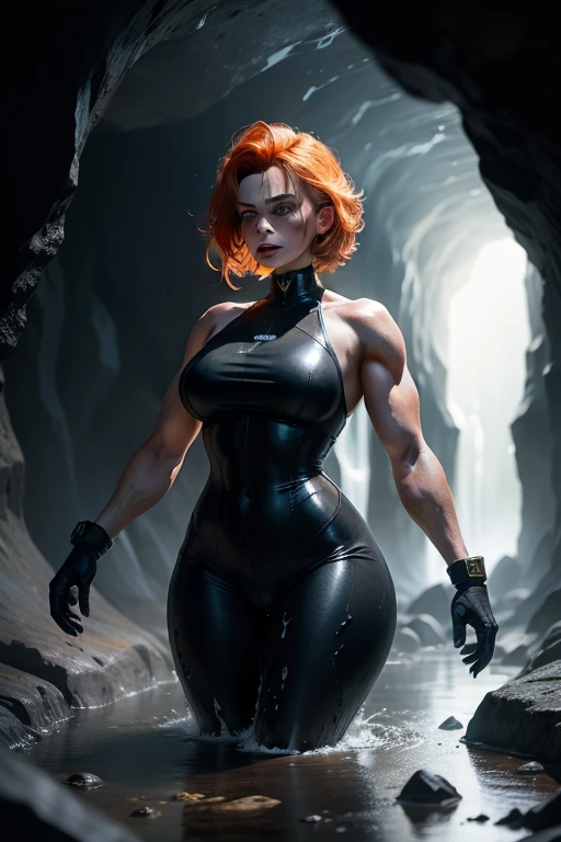 ((Jennifer Garner as Electra), ((very short red hair)), large breasts, ((tattoos covering body)), ((very defined muscles)), ((narrow waist)), ((thin waist)), ((lred leather pants with underwear showing)), ((small amount of pubic hair)), (Electra), ((camel toe)), ((cameltoe)), ((Tomb Raider style)), ((in a dark cavern city))