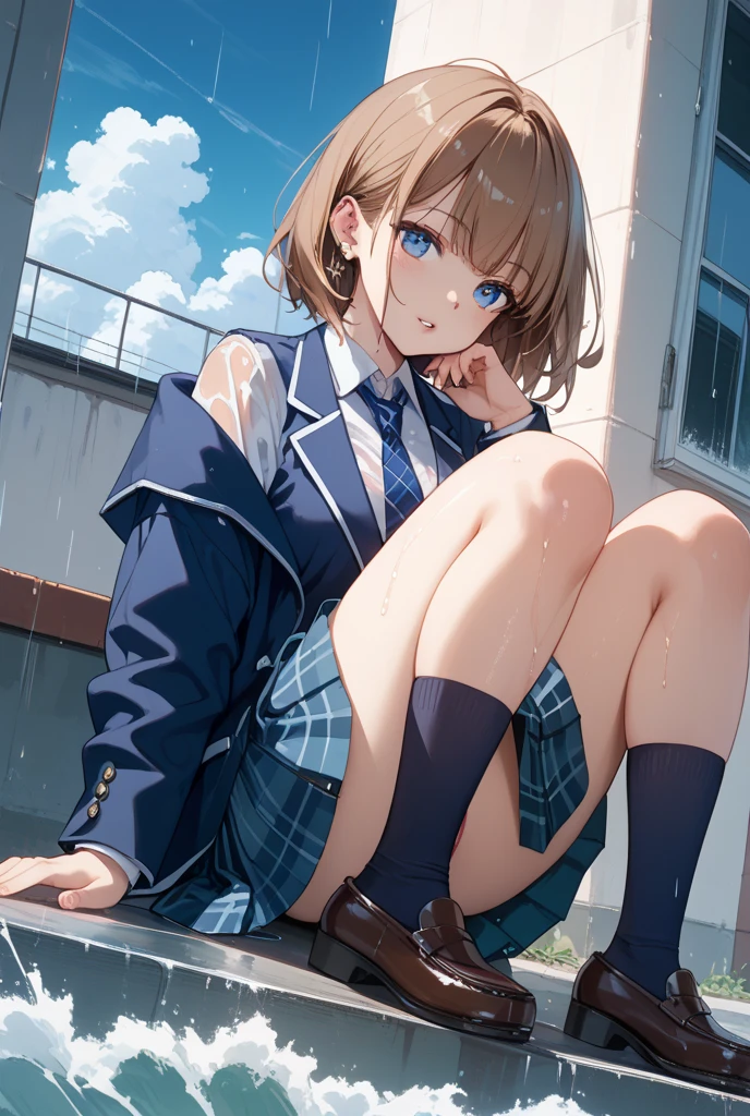 (masterpiece、Highest quality、High resolution、Realistic photo、Real looking skin:1.1)、 
(A woman is walking up the stairs alone、Looking back:1.8)、
(The skirt is so short that you can see her panties from underneath:1.8)、
(I would like a picture with a zoomed-in shot from the knees up.:1.8)、
(She has a , smirking expression.:1.5)、 
(she is a high school girl、He wears a navy blue blazer over his white collared uniform shirt.:1.5)、 
(She is wearing a shortened version of the grey pleated skirt that comes with her uniform.:1.5)、
(She is wearing loose socks and black loafers.:1.5)、 
(Her hairstyle is brown and in a ponytail:1.5)、 
(The panties are white with a pattern.:1.5)
(She is 18 years old:1.5)、 
(Her  size is a C cup:1.5) 、
(She has a young face but a cool impression.:1.5)、
(Location: Station stairs:1.5)、 
1 Japanese Girl、solo、Full Body Esbian、Beautiful Eyes、Shining Eyes、Shining thighs、NSFW