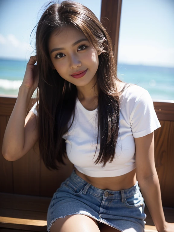 chica asiatica sonriente mirando el horizonte