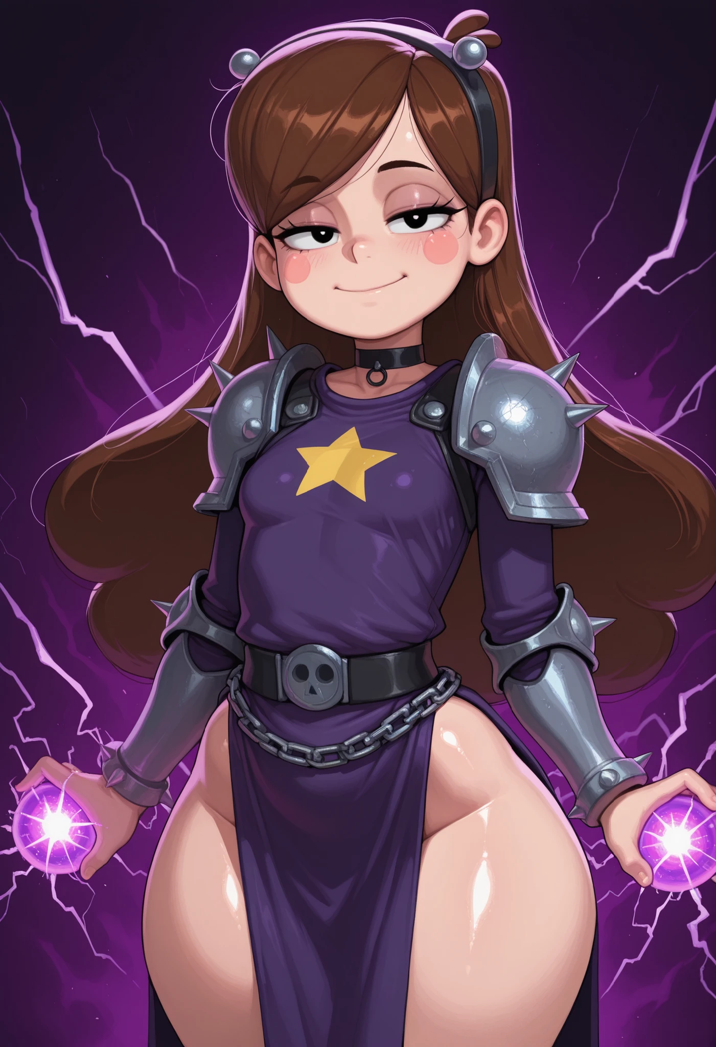 Mabel Pines, blush stickers, brown hair. black eyes. half-closed eyes, small breasts, huge hips. long eyelashes, choker. | ((score_9, score_8_up, score_7_up)), shiny skin, looking at the viewer, cute face, goth girl, shortstack, very short height, very cute, make up, blush, , solo, looking at viewer, dynamic pose, cowboy shot, dark_art_style, black chain lightning, black electricity, electrocution, energy_ball, dark aura, krekkov style, armored_dress ,{scale|plate} armor,{Surcoat|Tabard}