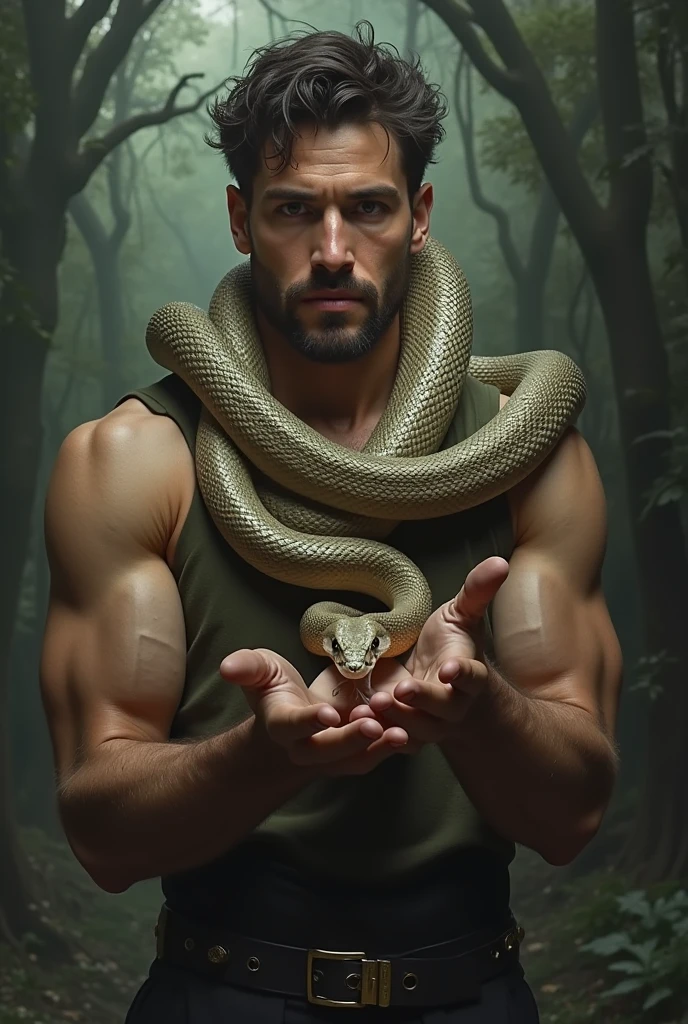 Half snake man with a downward spiral, a snake tail, blond hair, the tail the same color as his skin, anatomically correct and handsome