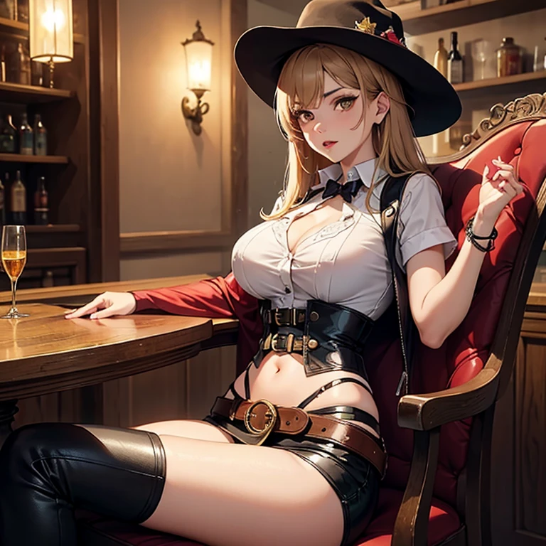 <lora:MadTale Style v2.0 XL:1.4> (madtalestyle:1.5), full body, (masterpiece), best quality, highres, 4k, 8k, intricate detail, cinematic lighting, amazing quality, amazing shading, soft lighting, Detailed Illustration, official artwork, anime style, wallpaper, official art, ultra detailed skin, ultra detailed face, perfect eyes, small skin imperfections, 1girl, Fishtail braid, saggy breasts, Voluptuous body, black eyes, Balayage hair, beautiful sexyai 35 years old posing, seated at the bar of the saloon, confident, cowboy typical hat, spread legs, legs apart, (holding 2 huge colt:1.2), pointing a large western-style colt revolver with hands, (ultra detailed long colt:1.3) red nails, leaning on the bar of the saloon, long hair, blonde hair, white frills, red corset, panties, high heels, (thigh high Kendall boots, red garters1.3) (wearing large detailed cartridge belt:1.4)