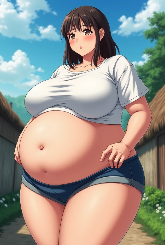 fat, large belly, big belly, very fat, large stomach, chubby (best quality, masterpiece), fat belly, soifon, soifon bleach, black hair, safe for work, sitting, big belly,