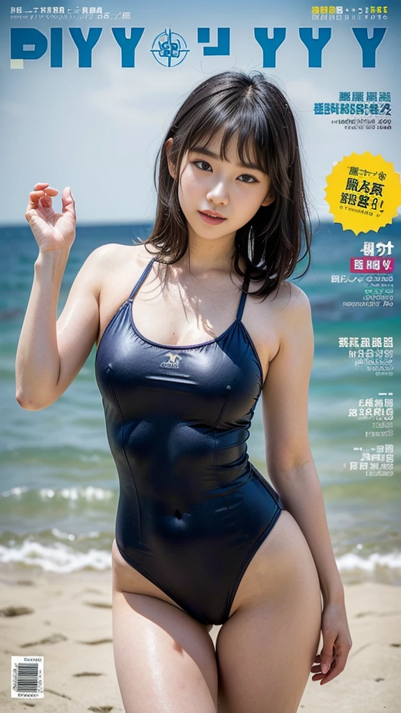 Close-up: A beautiful girl with a tall body, very long legs, and huge breasts cosplaying in a school swimsuit standing by the pool, seen from below