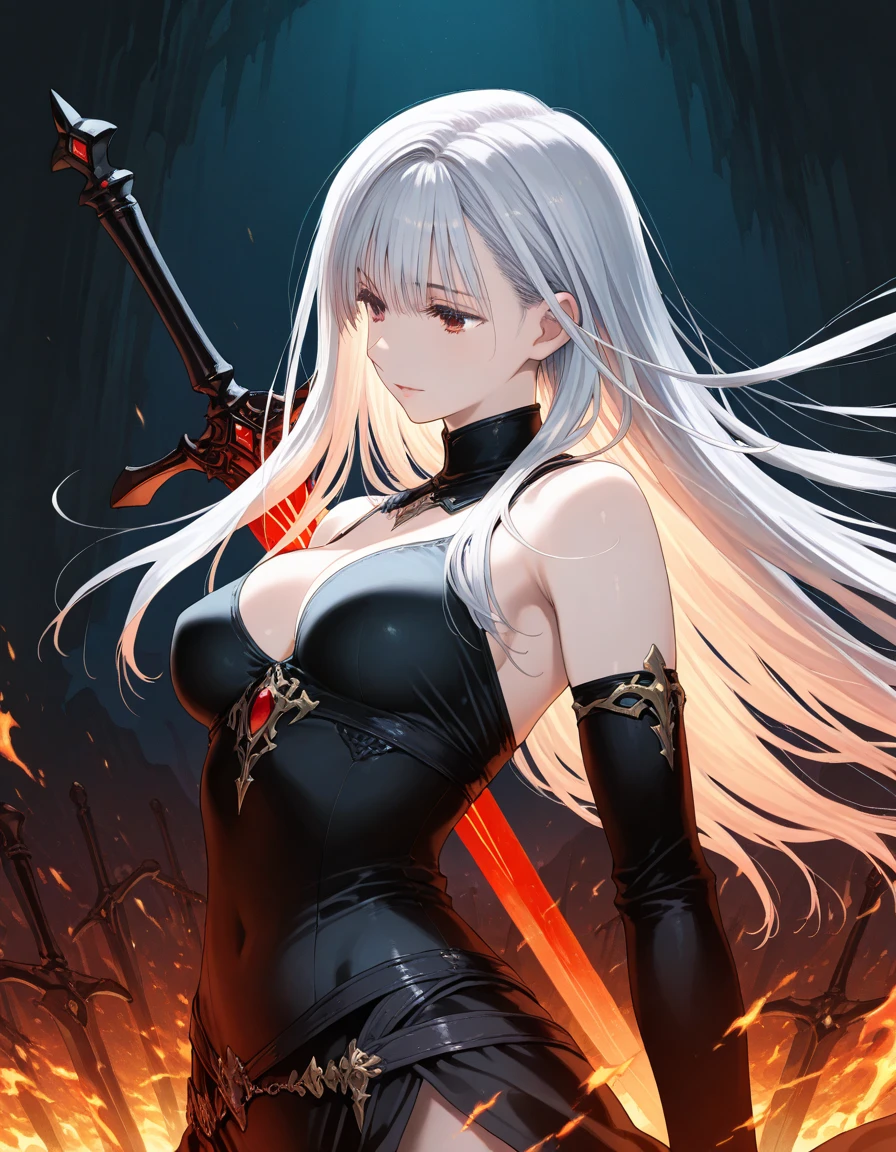 An adult woman half fox and wolf, wide breasts, red eyes, white hair, very angry, holding a sword