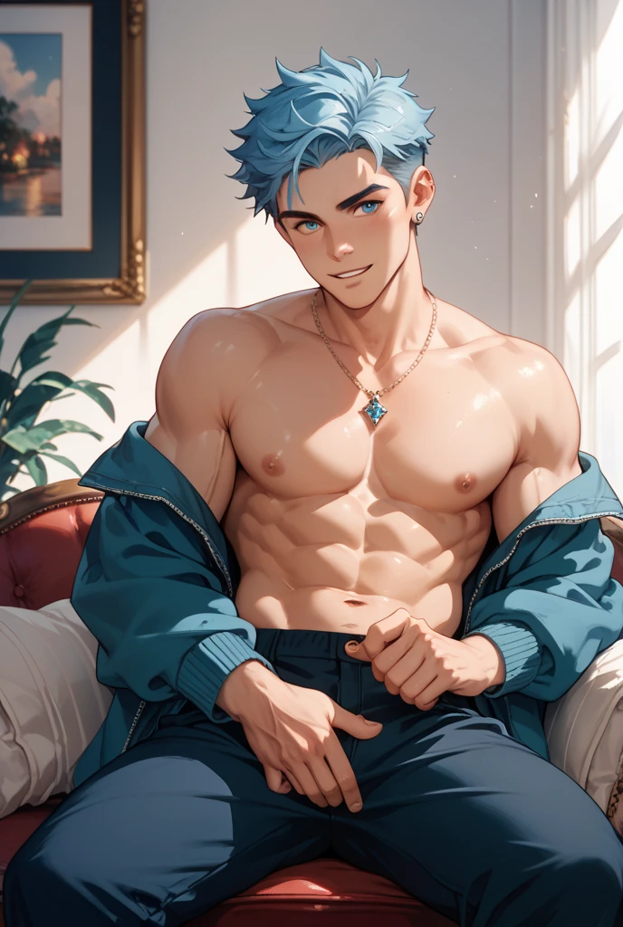 blue hair boy, blue eyes, muscular, hot and sexy sweaty body, shirtless, wearing short blue shorts, barefoot, lying down, with his erect cock