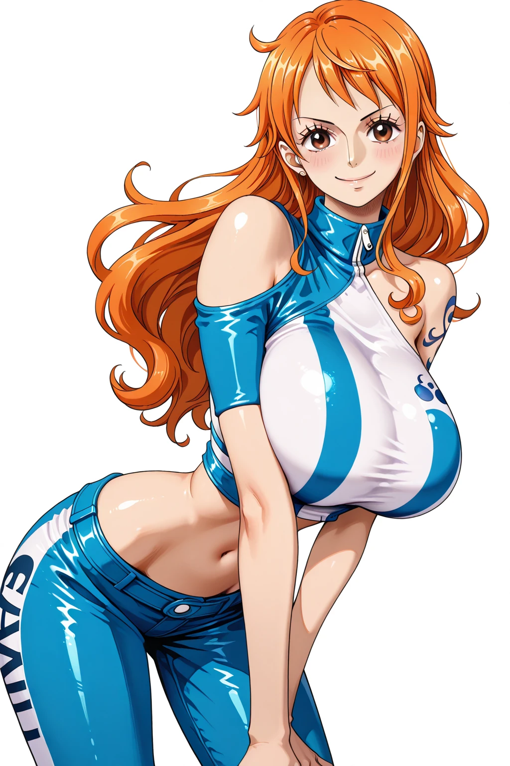 figure of a big breast redhead, sweaty cleavage, metalic bluee mini bikini