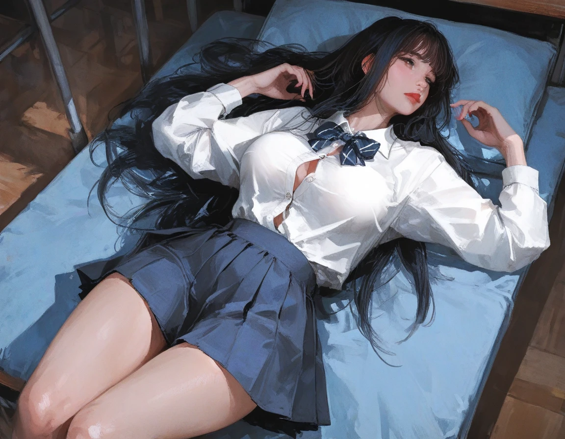 ((Girl lying on bed with head up)),(超realistic)、(enlightenment)、(High resolution)、(8k)、(very detailed)、(Best Illustration)、(beautiful detailed eyes)、(highest quality)、(Super detailedな)、(masterpiece)、(wall-)、(detailed face)、solo、1 girl in、looking at the viewer、Detailed、detailed face、in the dark night、deep shadow、low key、Pure erotic face ace_、length、black shawl straight hair、46 point diagonal bangs,female student、(white blazer、chest emblem)、translucent white blouse、red bow tie、( in bright colors,plaid)、,8k, highest quality, 超High resolution, table top, realistic, realistic, high contrast, photon mapping, real image, Super detailed, Low - Angle: 1.5, 1 girl, alone: 1.5, whole body, ke pop star, kpop idol, Dress up like KPOP, Sexy, barefoot, high heels, M-shaped spread legs: white panties: 1.5, Long legs with panties visible under the skirt: 1.2, rough skin(eyes closed)、