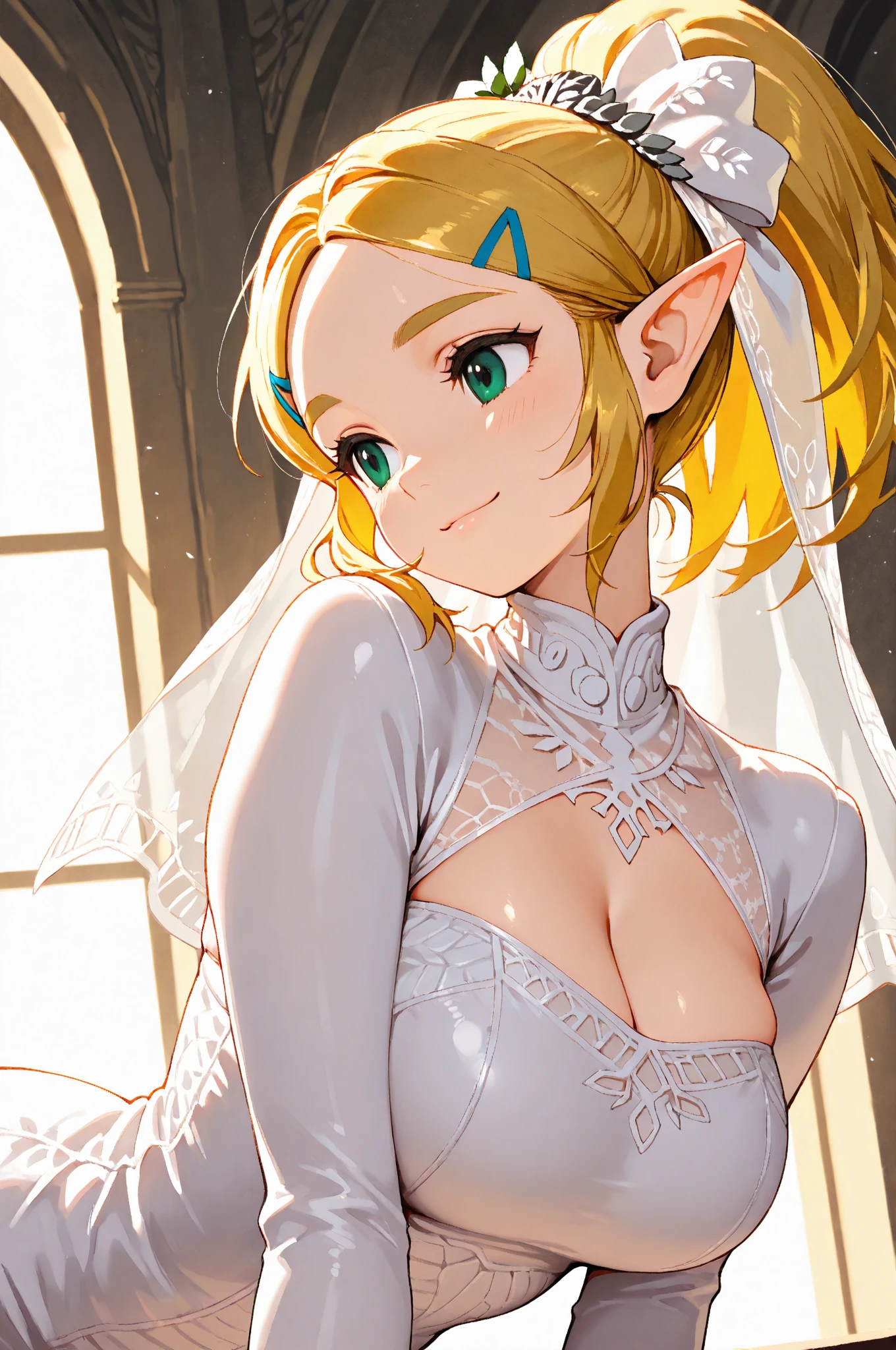 Zelda, Green Eyes, short hair, Braid, One girl, alone, Perfect breasts, ,Earrings glossy lips ,View Viewer, blush, Big Breasts, long white elbow satin gloves, Holding, jewelry, very, Gentle smile earrings, fake long white elbow gloves, White gloves、Wedding dress