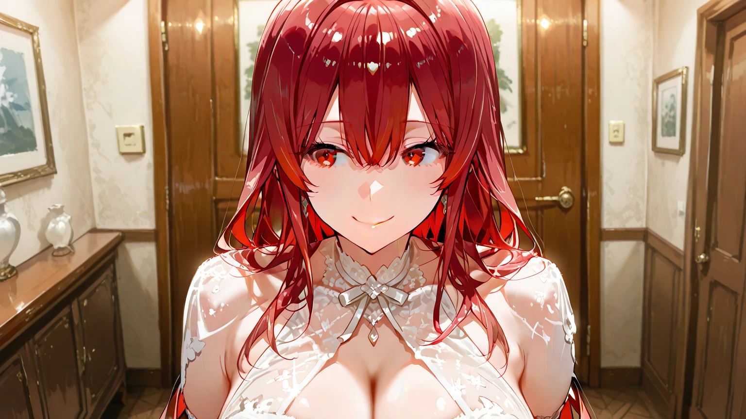 Red girl,wearing red lingerie,bright red lips,detailed eyes and face,long flowing red hair,standing in a dark room,soft lighting,vivid colors,artistic portrait,high resolution.