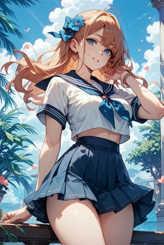 1girl, solo,(best quality),(masterpiece:1.1), upppr body, looking_at_viewer, dynamic angle, serafuku, cute, clear facial skin,