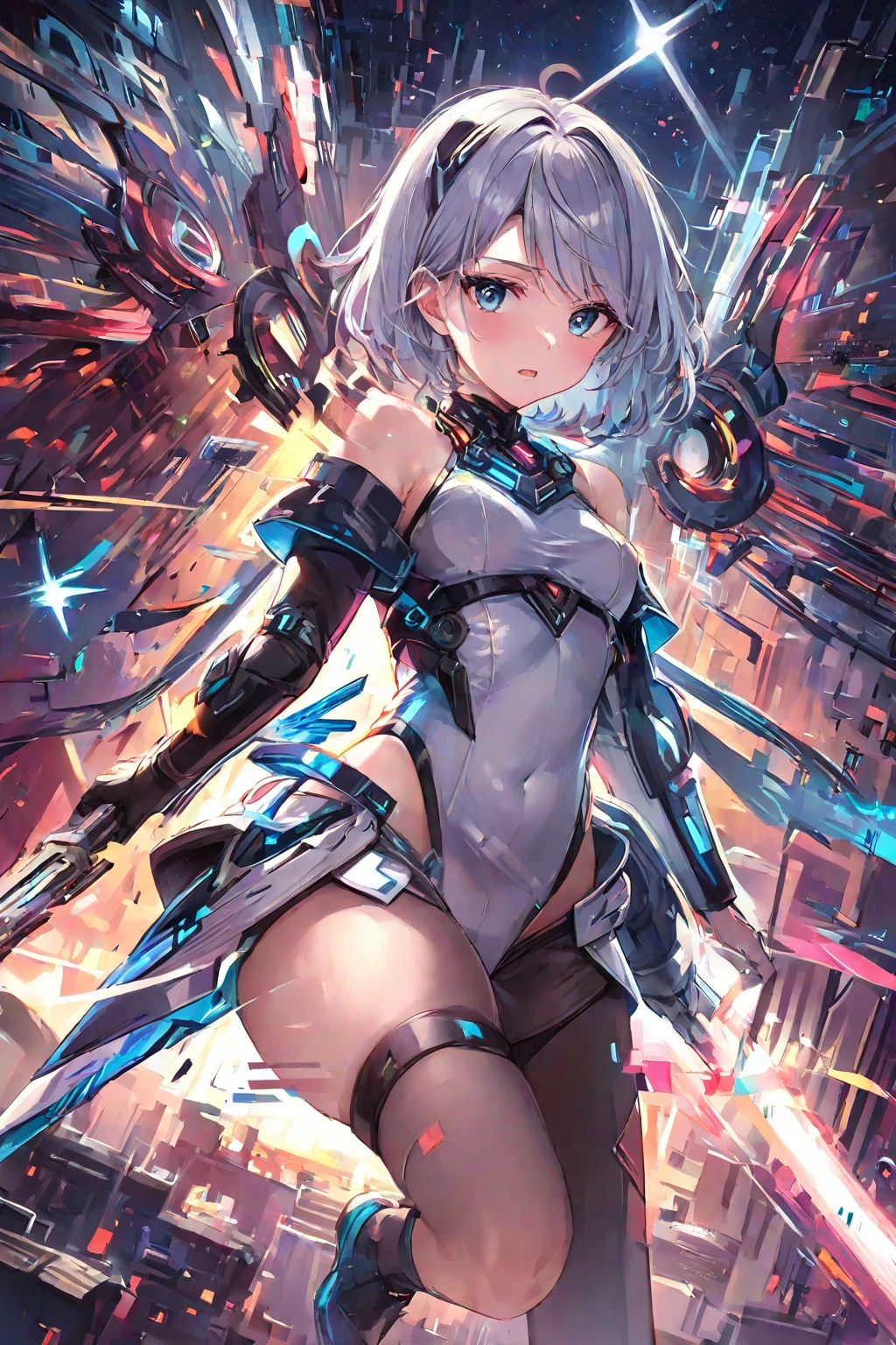 （tmasterpiece，A high resolution，best qualityer），Ray traching，cyber punk perssonage，simplebackground，（1girll，Young），Short and medium white hair，（beautiful detailed eyes），((Extremely flat-chested))，(Upper body bikini)，short  skirt，Reveal a little panties，Cortical leg ring