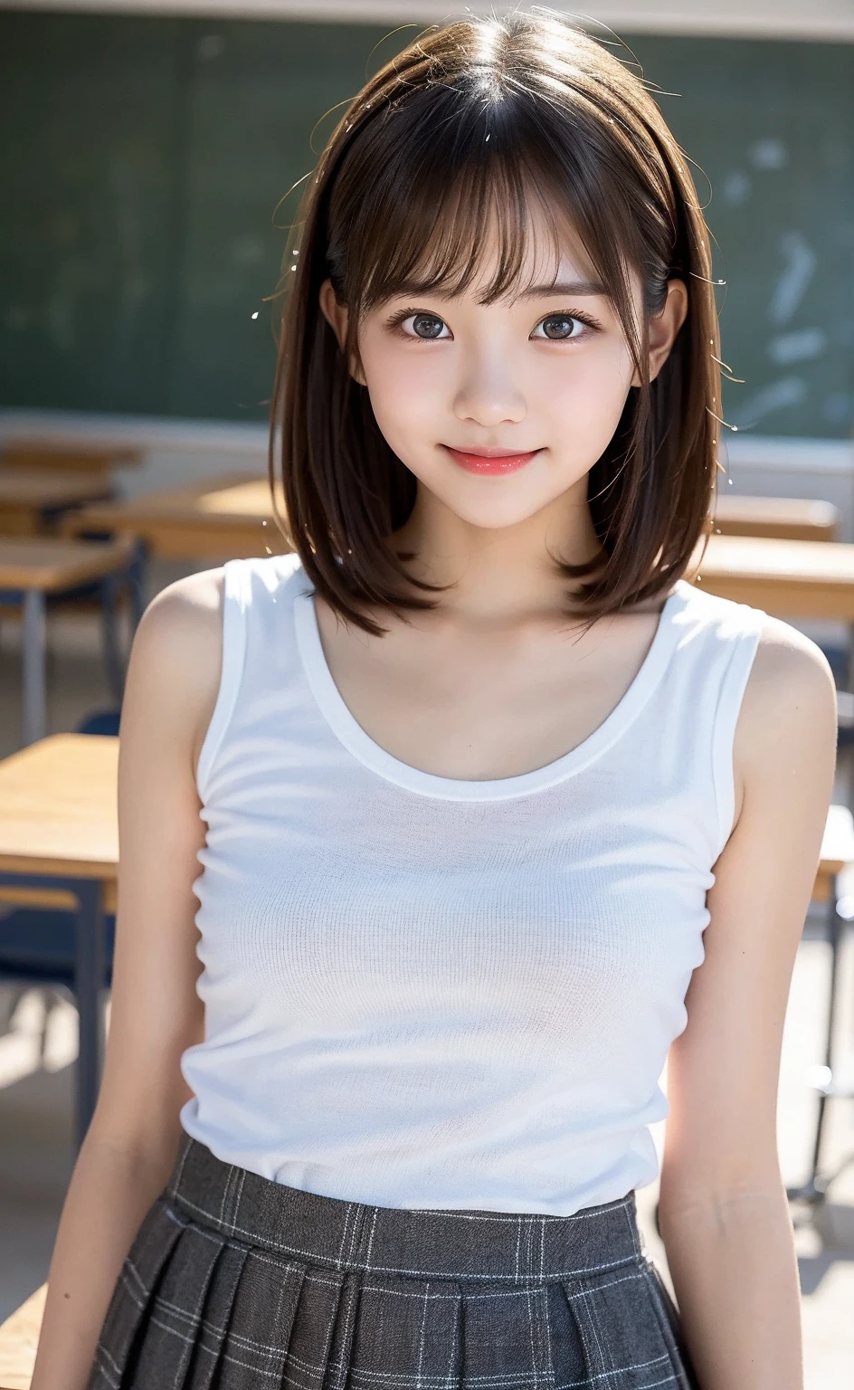 One girl,summer,classroom,Chair,Sit down,Black Hair,Fluffy short hair,Dark blue tank top,Checked skirt,Chest line,Small swelling in the chest,smile,6th grade elementary school,Innocent,sense of cleanliness,front,Look here,transparent,  Soft Light,(masterpiece, Highest quality), Structure of the film, Like a movie
