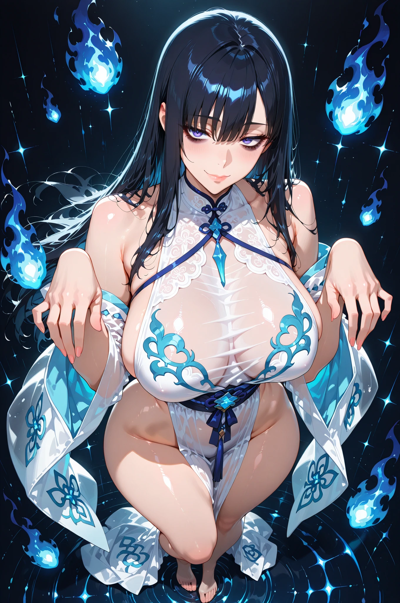 Masterpiece、need、1 woman、blue clothes、Traditional Thai dress, blue strapless、full body photo、ancient thai style、 White cloth buns, steamed buns、black hair、Leaky shoulder、The chest is large.、Long, slender legs、smile、black stockings、ริมฝีปากpinkอ่อน、Embroidered clothing、high-heels，(big tits),sexy, slightly seductive expression, big breasts,Show your breasts,The cracks are clear....,((big tits))，(pubic bone), rift, visible chest,seductive pose,I see bulging nipples.,(((large areolae:1.4,pink,The nipples are clearly visible.......)))