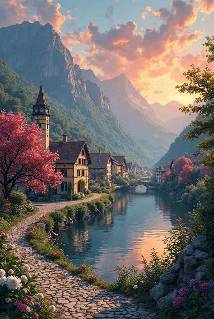 a small village by the river, mountains in the background, floral flowers colorful, detailed landscape, Beautiful natural landscapes, atmospheric lighting, scorching sunset, warm colours, practical, photopractical, Detailed Foliage, complex buildings, cobblestone street, Charming country house, swirly vibrant colors, lush vegetation, Still water reflections, Picturesque, idyllic, work of art, best qualityer, 8k, extremely detaild,anime styling
