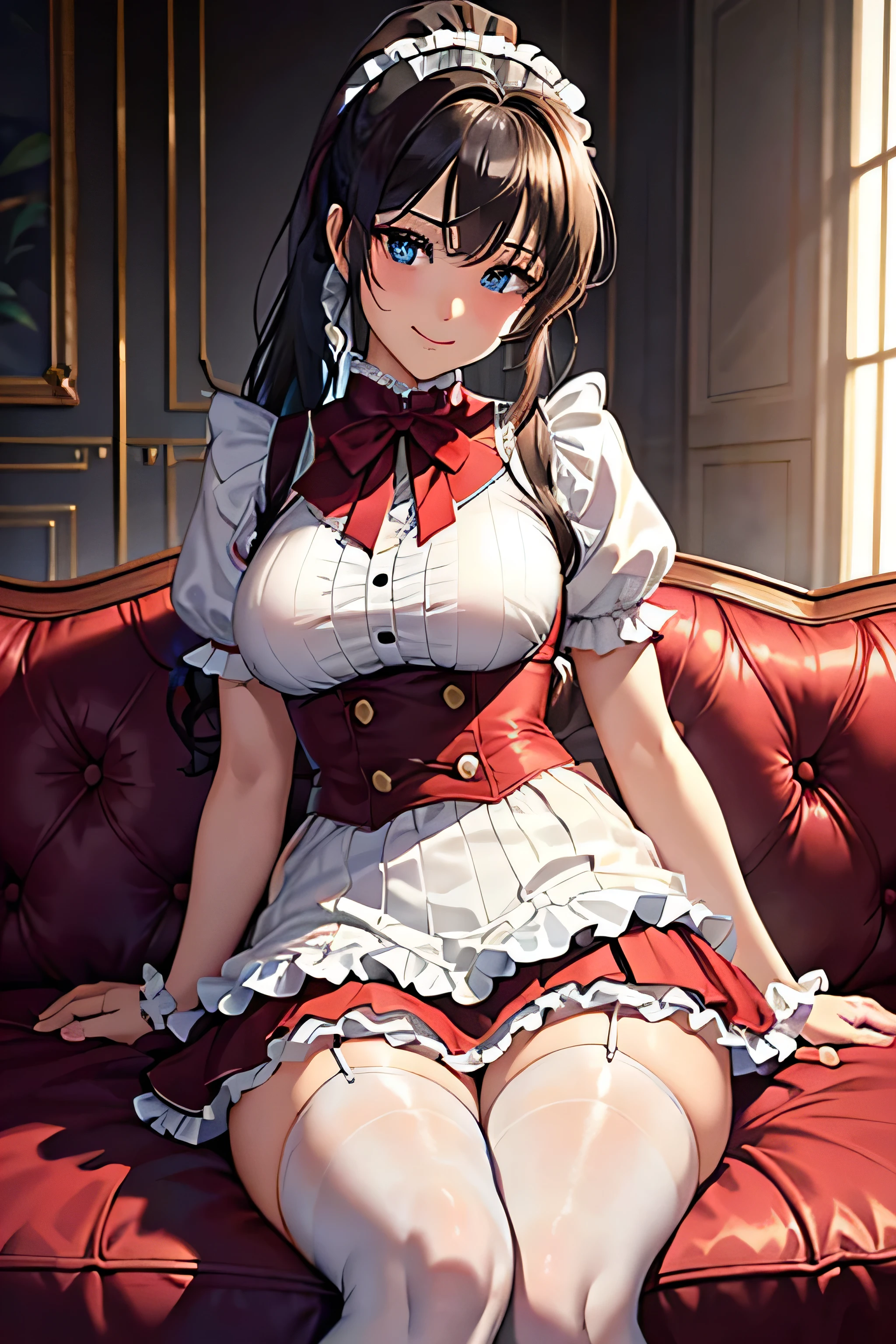 (High quality, High resolution, Fine details), (Transparent frilled red camisole), Bewitching atmosphere, solo, curvy women, sparkling eyes, (Detailed eyes:1.2), smile, blush, Sweat, Oily skin, shallow depth of field, Fantastic lighting, Bokeh