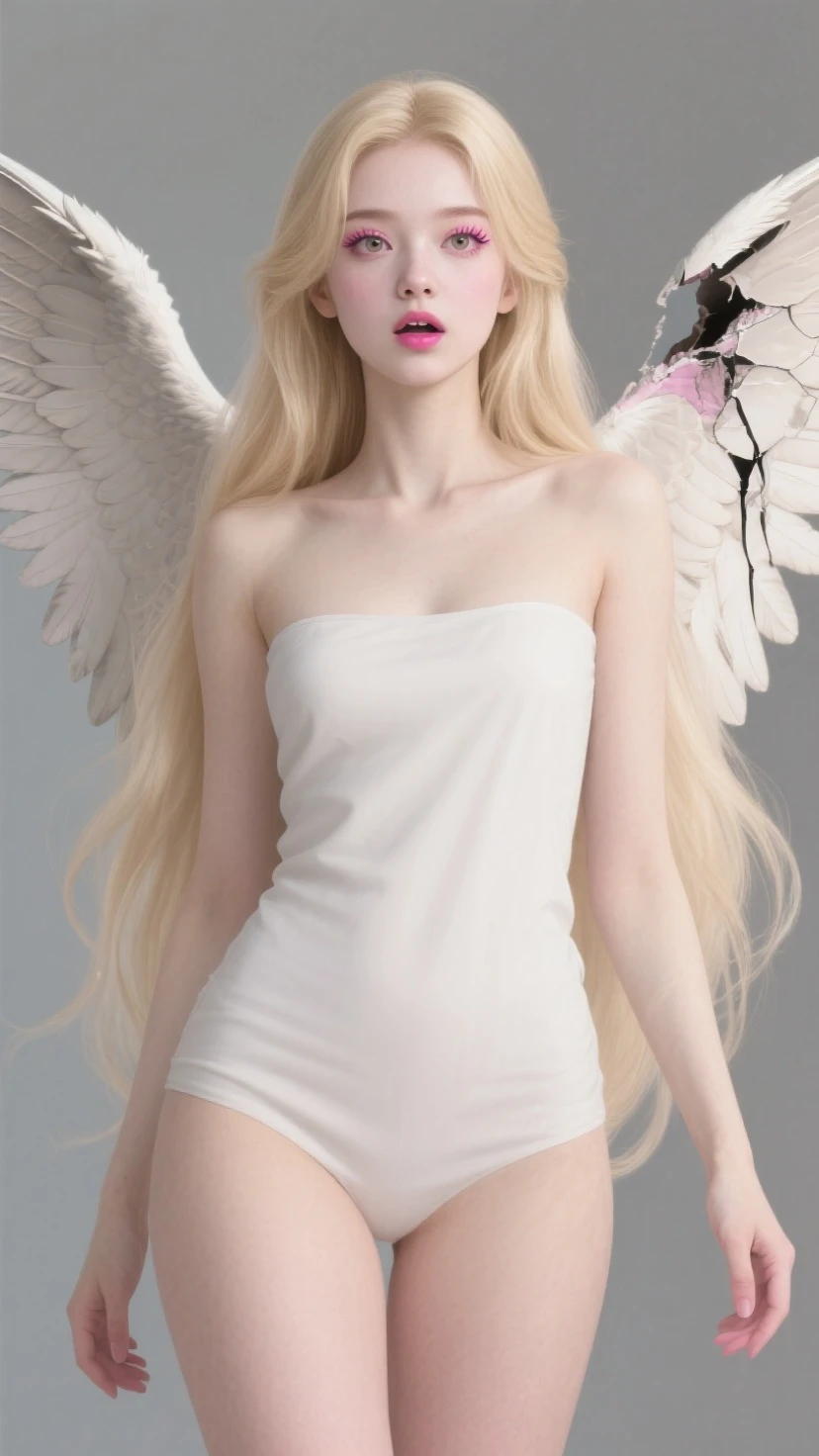 Official Art, rich and colorful, Colored background, Splash of Color,Perspective,  Beautiful woman with delicate features,(Macka style), Full body portrait, best quality,masterpiece,Ultra-high resolution,Modern, Chinese, Rhythm, Oriental beauty blue eyes (Wide-angle lens, Wide-angle lens,panoramic:1.2),Super Vision, Super wide-angle low-angle shooting, 超Wide-angle lens, (ring:1.3)Bow hair flower angel(Milky white skin, Glowing skin:1.5)(bandage:1.4)Feather wings Angel wings Bare feet Blushed face Blood on clothes (Thin legs:1.5), Platinum blonde hair, Own hands folded medium breasts