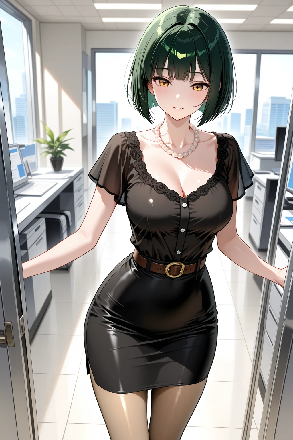 Girl, smile, red lips, big nose, big tits, shorts hair, black hair colors, fair skin, sexy body, sexy pose, big ass, white office clothes colors, black office skirt colors, view facing forward, gaze looking at the camera
, view facing the camera, focused view facing the camera, eyeball looking at the camera, beautifull girl, in office room, realistic, green eyeball colors