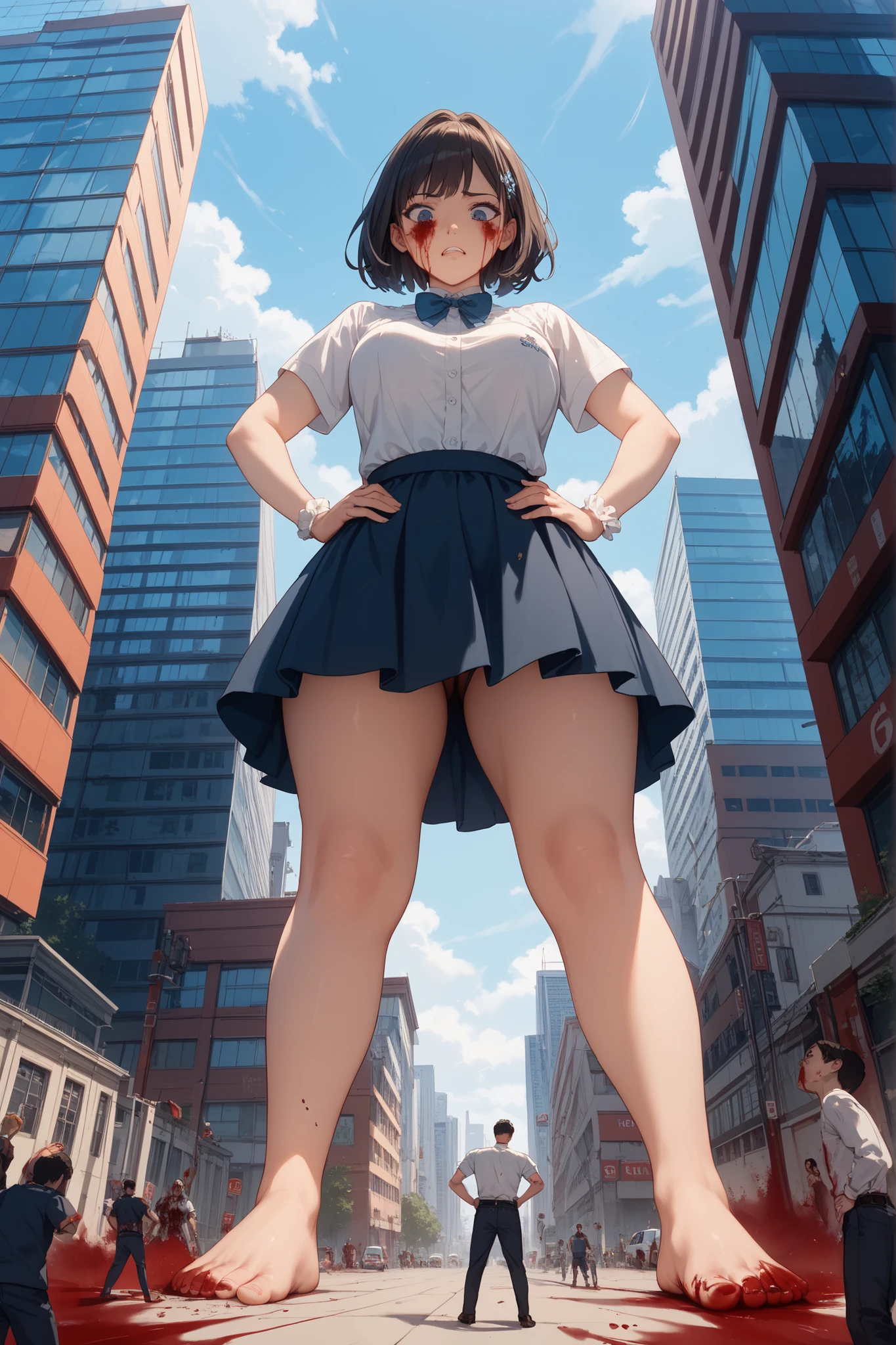 multiple girls, 3girls, standing, giantess art, highly detailed giantess shots, giantess, most detailed, perfect face, Two legs, Five fingers, short hair, A high school girl who is bigger than a skyscraper, Wearing rimless glasses, smile, huge breasts, Navy blazer, Red tie, mini skirt, black pantyhose, no shoes on, toes visible through pantyhose, Steam coming out from the soles of my feet, seaside metropolis, numerous miniature warships on the sea, Destroying cities, Under heavy attack, A very small big city, Miniature metropolis, Full body description, GTS, giga giantess, stomping city, crash city, tiny city, micro city, pantyhose feet, High resolution, highest quality, masterpiece, 
