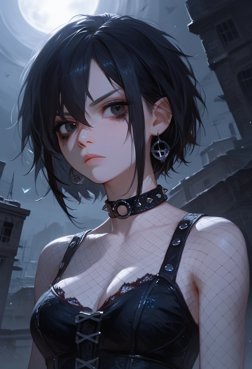 (masterpiece:1.2, highest quality), (realistic, photorealistic:1.4), beautiful illustrations, (natural side lighting, movie lighting),
looking at the viewer, Upper body, (Front view), 1 girl, perfect face, Cute symmetrical face, shiny skin, baby face, long eyelash, (large breasts), (wide hips:1.5),short cut hair,
beautiful hair, beautiful face, detailed and beautiful eyes, beautiful body, beautiful breasts, beautiful thighs, beautiful feet, beautiful fingers,
(beautiful scenery),(cute smile:1.3, upper eye), 18yo,pale skin,a woman in black corset and goth hair, with piercings, 1girl, solo, black hair, short hair, ring,(pierce:1.5),(punk style:1.5),(gothic dress),(black lips:1.7),side layered skirt,black bra,(gulp down blood from one's mouth:1.2)
