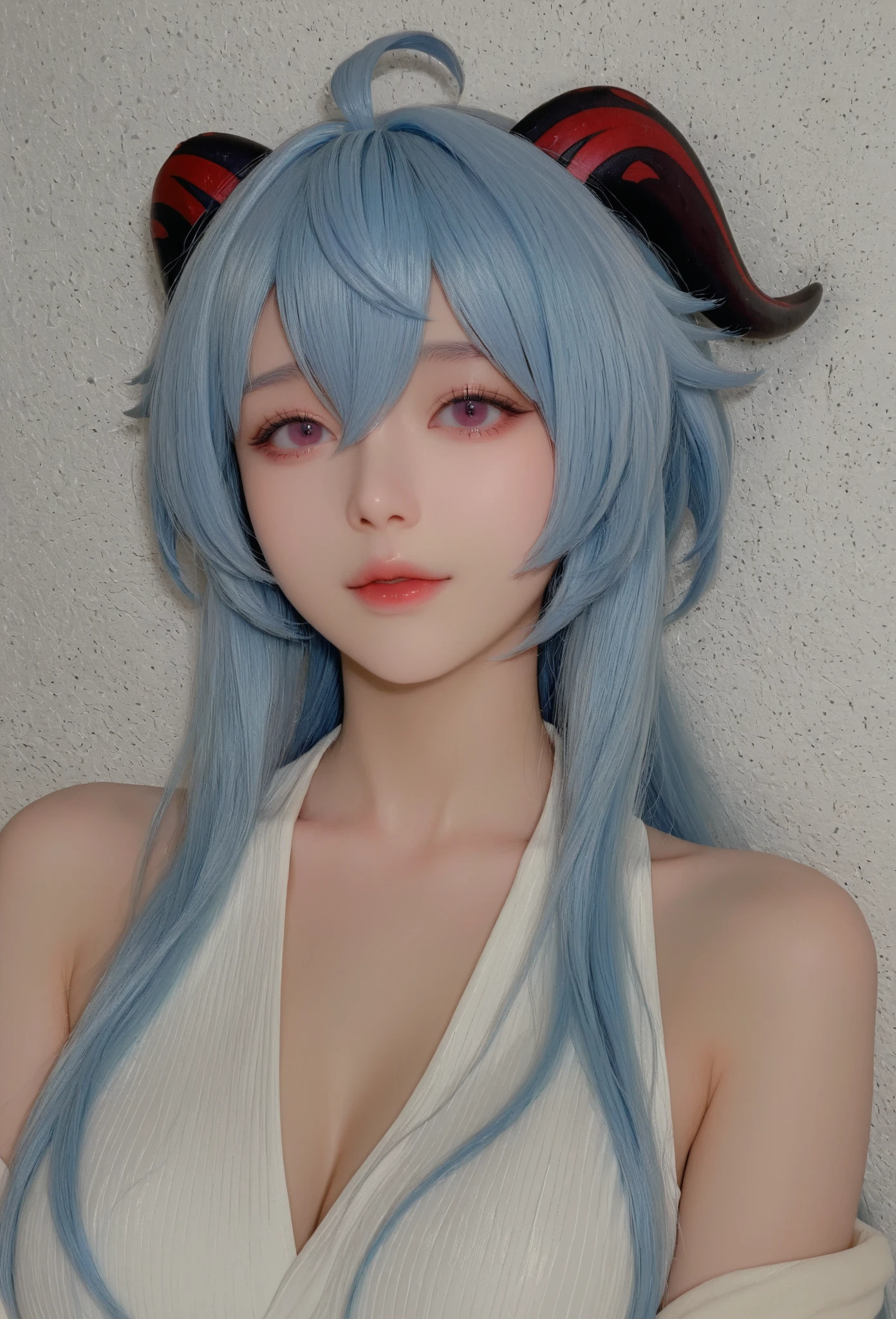 1girl, (ganyu:1.2), genshin impact, chinese girl, horns, cosplay, beautiful, masterpiece, best quality, photorealistic, half top body
