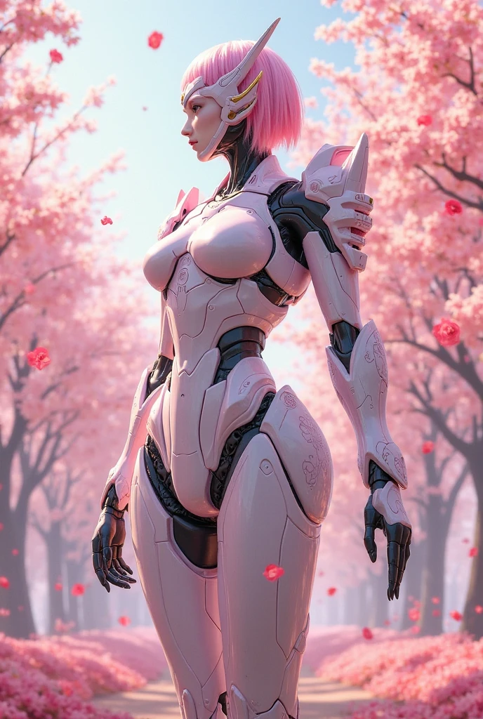 A tall, elegant warrior woman from the Sakurianas species, wearing a unique armor that reflects their abilities and beauty. The armor is lightweight, made of petal-like material that is 100 times stronger than diamond but appears delicate and organic. The armor has a shimmering pink and white color scheme, resembling the natural hues of Sakura petals. The chest plate and shoulder guards are adorned with intricate floral patterns that look like blooming Sakura flowers. The helmet is sleek, with a visor shaped like overlapping petals, and the whole armor has a flexible, almost fluid-like appearance. The armor also has glowing veins of energy running through it, matching the regenerative and powerful nature of the wearer. The background is a mystical forest, with falling Sakura petals around the warrior.