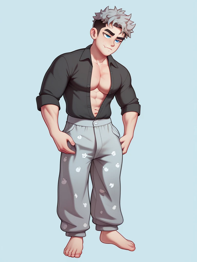 (((male gender))) "An ultra-detailed 8k masterpiece best quality and high saturation. The image features a clothing illustration with a stunning thick european Boy  wearing a tight sheer leggings outfit, including tight open shirt, F cup, white sneakers, and a blue background."