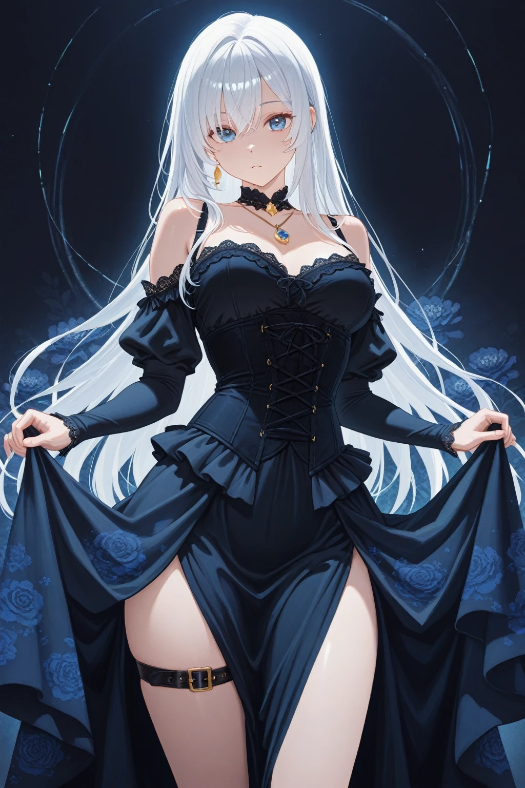 gownkiev, 1girl, breasts, solo, looking at viewer, white background, navel cutout, elbow gloves, simple background, navel, clothing cutout, bare shoulders, gloves, dress, black gloves <lora:kiev:1>