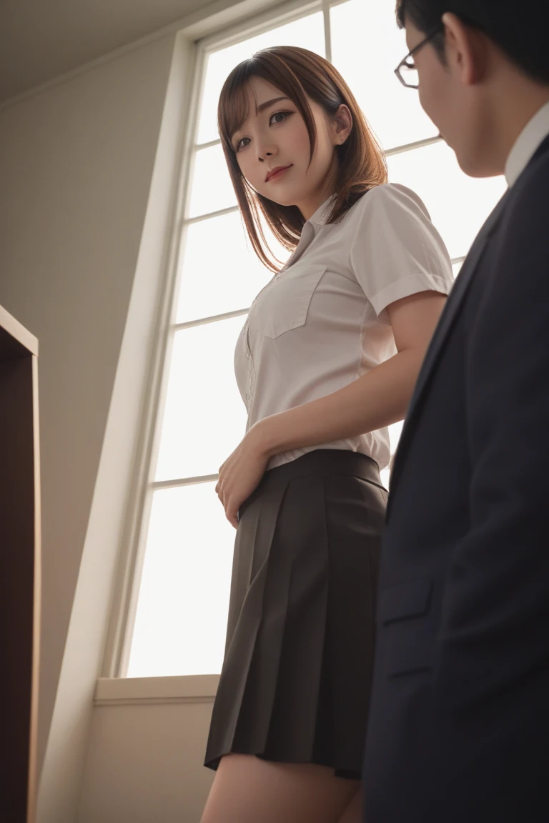 top-quality、hight resolution、ultra-detailliert、​masterpiece、Raw photography、realisitic、Photorealsitic、extremely delicate and beautiful、finely detail、Textured skin、(at office)、woman、japanese、22 year old 、woman is  Secretary Uniform Office Lady wearing office lady uniform、woman upskirt and Showingblue panties,detailed panties,detailed frilled panties showing,woman wearing pencil skirt suits、tall、Brown hair、wavy hair,short hair,Wearing makeup、(Bare legs:1.5)、perfectly proportions, front view,dynamic angle,sitting on the chair and spreading her legs,、(((fellatio)))、(((The act of stimulating a man's penis with the mouth　 especially by using the tongue and lips)))