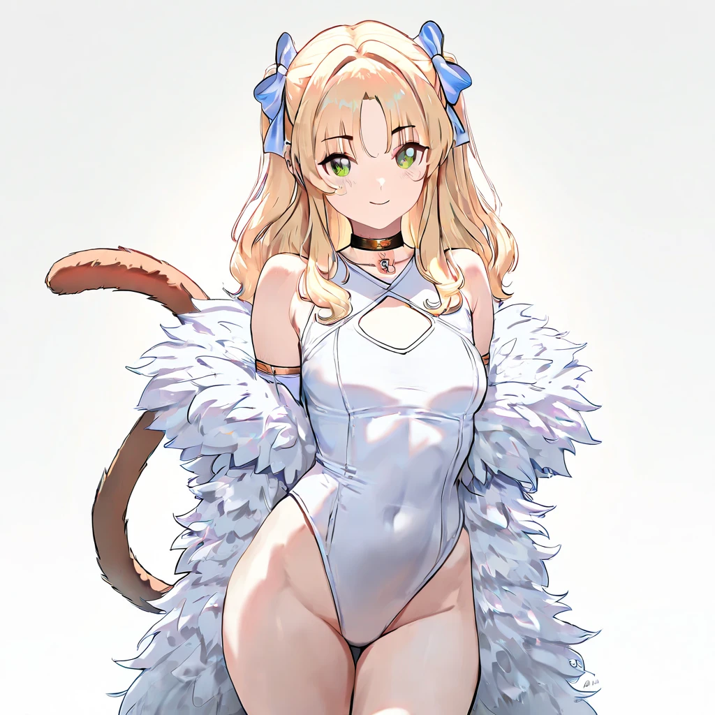 1girl, breasts, looking at viewer, blush, smile, short hair, bangs, blonde hair, simple background, hair ornament, thighhighs, white background, animal ears, cleavage, medium breasts, closed mouth, underwear, green eyes, standing, tail, full body, braid, boots, frills, cat ears, bra, high heels, cat tail, animal ear fluff, bare arms, clothing cutout, multiple views, thigh boots, cleavage cutout, white footwear, underwear only, light brown hair, knee boots, cat girl, short twintails, pom pom (clothes), high heel boots, white bra, paw pose, meme attire, frilled bra, cat cutout, cat lingerie, pom pom hair ornament