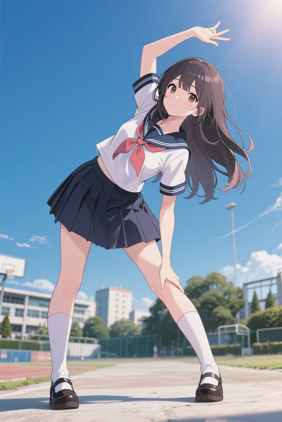 1girl,smile,sailor uniform,closed mouth,thigh,
outdoors,,classroom,
(((from front))),
2D,cel_anime,anime coloring,official_art, detailed_CG, 
ray tracing:0.8,intense shadows,
<lora:noribs_v11>,