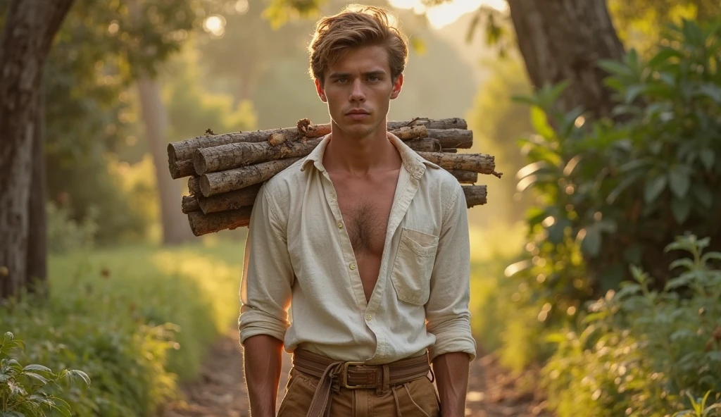 handsome young man, beautiful face, white skin, soft, slim, short hair, shirtless, in a jungle gathering firewood, carrying wood on his shoulder, an axe in his left hand, in the middle of the jungle behind him a house 