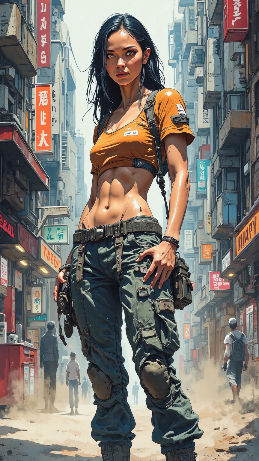 samdoesarts; Award-winning half-body portrait of a beautiful woman in a croptop and cargo pants, military boots, standing in the street with a slight smile, ink spatter, hair in a bun, sneezing, to escape, vaporware, digitl art, trends on ArtStation, highy detailed, fine-details, intricate by Jeremy Mann, matthus merian the elder, Pino Daeni, robert rauschenber, por Beksinski