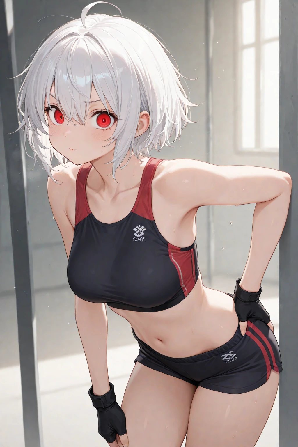 (Pure simplicity, sporty style, black background, single ponytail white haired girl, red eyes, sports bras, sports shorts, vista, tsundere expression)