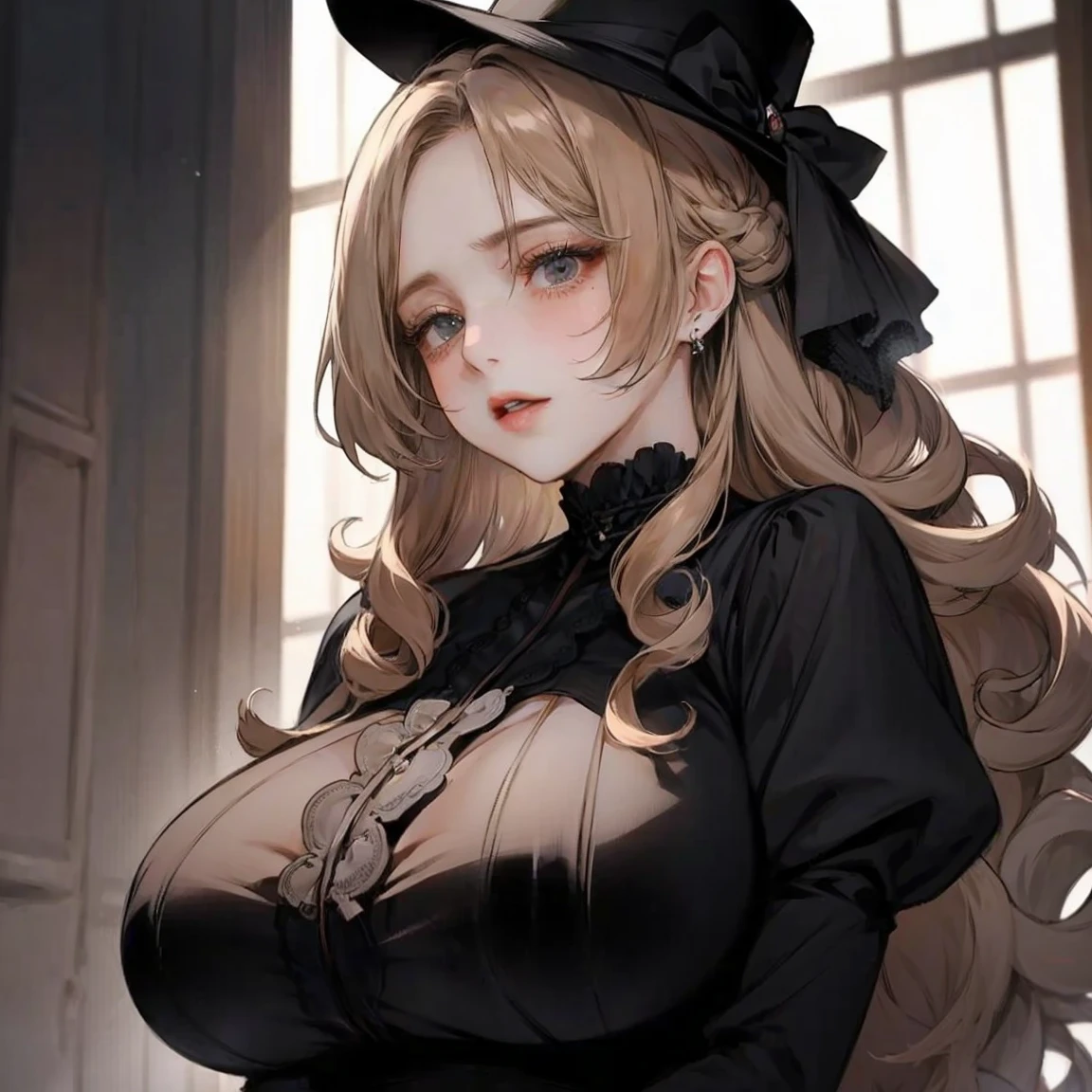 (masterpiece, best quality, detailed shiny skin:1.2), flawless, 8k, RAW, highres,1girl, petite, long hair, blonde hair, (witch hat), ((torogao)), purple eyes,((huge breasts,cleavage, mature female)),nsfw