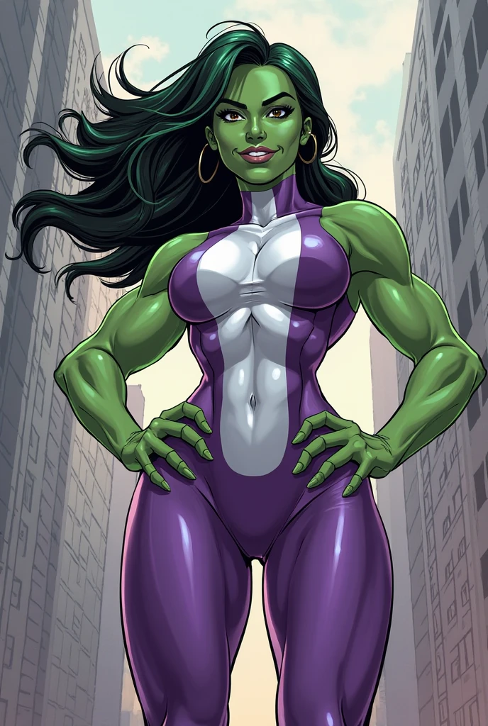 She-Hulk in white and purple leotard, white and purple sneakers