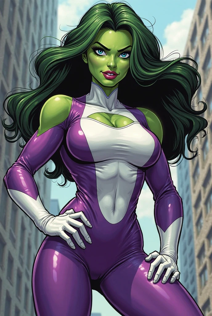 (Highly quality, masterpiece, detailed), Destroyed city detailed scenario, Destroyed detailed background, 20 years old girl, CARTOON_shehulks_bodysuit_ownwaifu, solo, Green skin, Dark Green hair, Colored Skin, Purple/White top, Leather top, Purple/White pants, Leather Pants, Crop top, Purple/White Sleeves, Long Sleeves, Purple/White Gloves, Navel, Angry, beautiful eyes, perfect eyes, looking at the viewer, Sexy pose