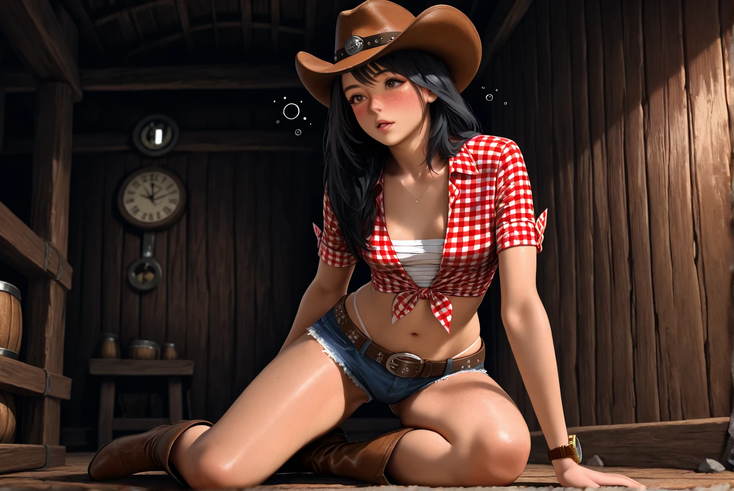 <lora:Redneck_Chicks_v1:1> a redneckchick, highly detailed, semirealistic, cowboay shot, leaning aginst the wall