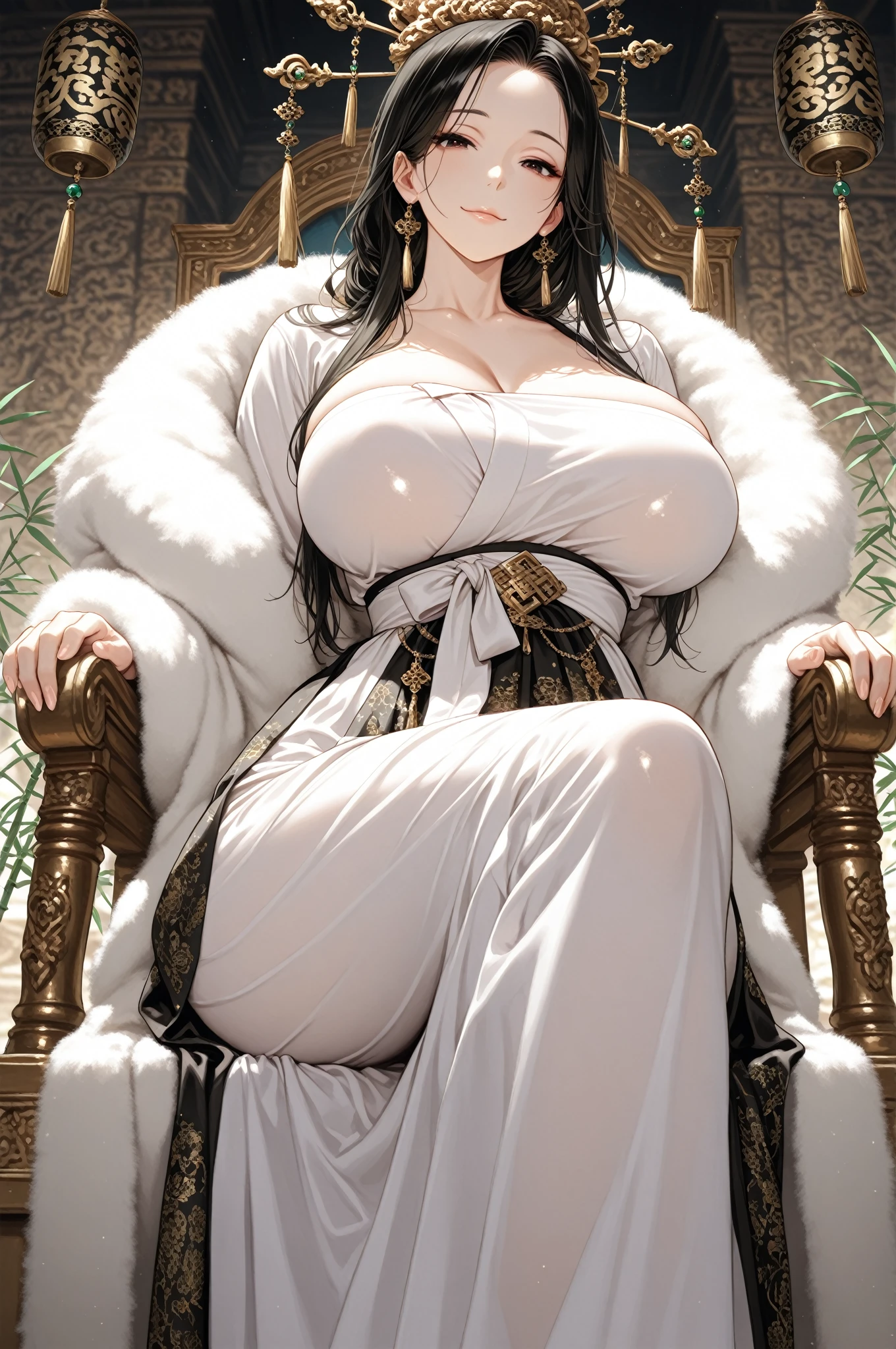 a beautiful and seductive woman with the face of the reference image, sitting on an ornate throne chair, wearing a black and gold military uniform, highy detailed, 8K, photorrealistic, Masterpiece artwork, cinematic lighting, dramatic pose, Bright dark, details Intricate, rich colors , chic, majestic, mighty