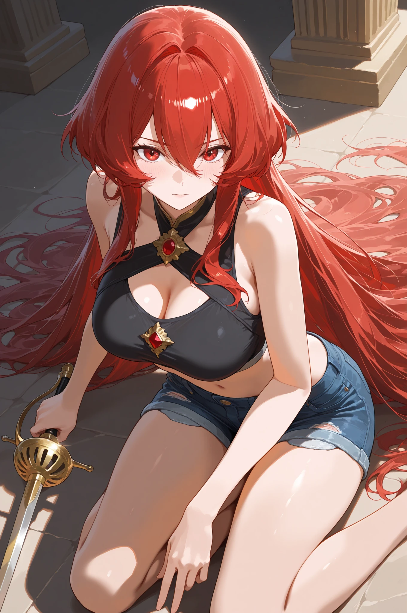 waterfall top (rainbow colors), underboob, red hair(curls), mini skirt blowing around her legs, beautiful woman, red lips, green eyeliner, hat, long fingernails, park in the evening, seductive pose