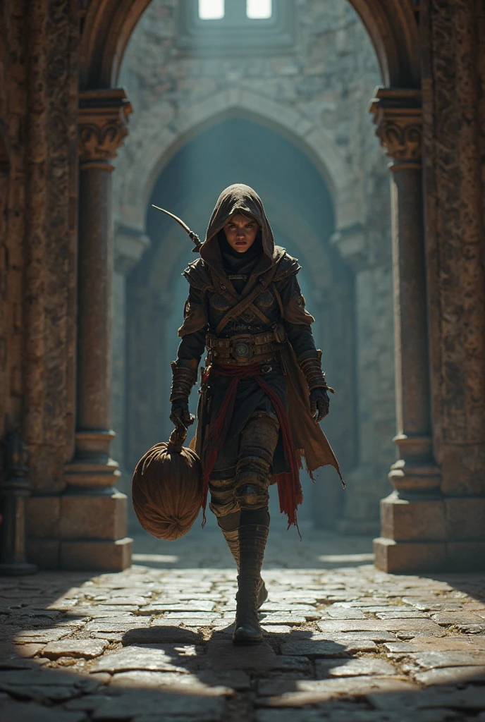 girl, assassin's creed style, short egyptian dress, few clothes, barefoot, ankle bracelets, on the roof, pyramid on the background, high detailed, full-lenght realistic photo, 4k