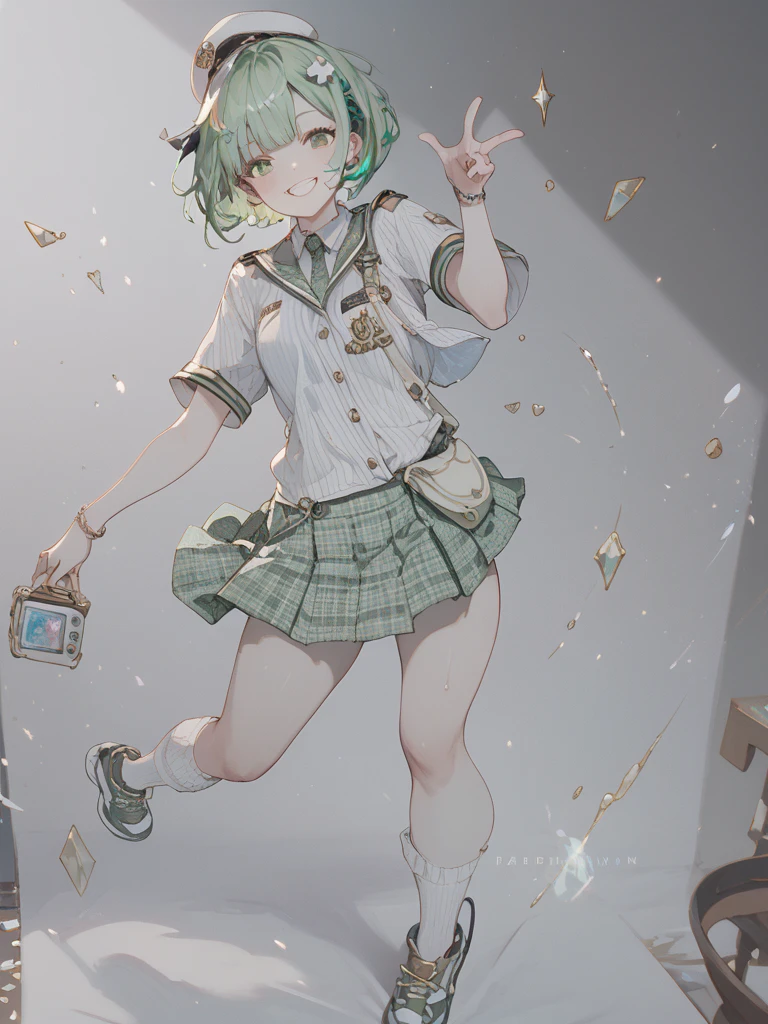 1girl, , green and black hair, medium length, science lab coat, chemistry lab, Japanese school, shiny black shoes, open mouth, sharp teeth, 