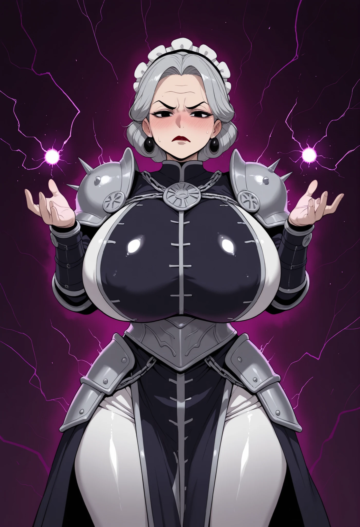 Grandma. gray hair, black eyes, short hair, dark red lips, wrinkles, earrings, makeup, huge saggy breasts, cowboy shot, frown ,looking at viewer, masterpiece, best quality, amazing quality, old woman and young guy.|  young boy. 1old woman. ((score_9, score_8_up, score_7_up)), shiny skin, looking at the viewer, cute face, goth girl, shortstack, very short height, very cute, make up, blush, , solo, looking at viewer, dynamic pose, cowboy shot, dark_art_style, black chain lightning, black electricity, electrocution, energy_ball, dark aura, krekkov style, armored_dress ,{scale|plate} armor,{Surcoat|Tabard}